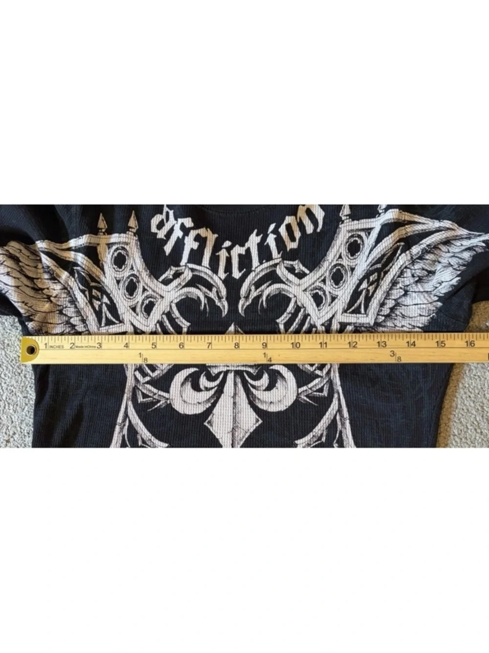 Affliction Thermal Top Women's Size M Black Gothic Wing Fleur De Lis Grunge Goth